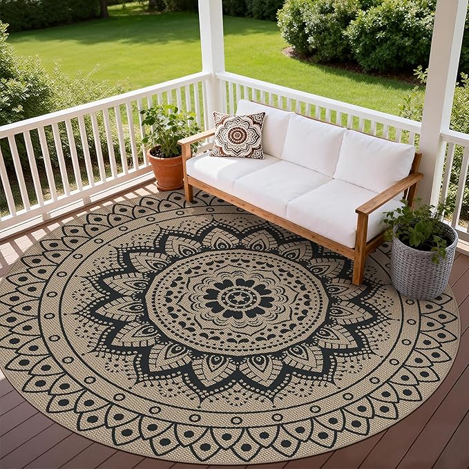 Outdoor Round Rug 8ft, Easy Jute Rug Washable Indoor Outdoor Patio Rug, Non Slip Round Area Rug Farmhouse Front Door Mat,Boho Lightweight Carpet for Backyard Patio Entry (Black,8 Ft)