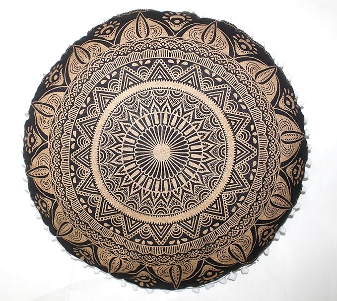 CRAFT KALA Large Round Bohemian Floor Pillow Pouf Cover Mandala Meditation Room Pillow Cover for Adults Boho Seating Poufs Cushion Cover for Kids Playroom Black Golden 32" Round