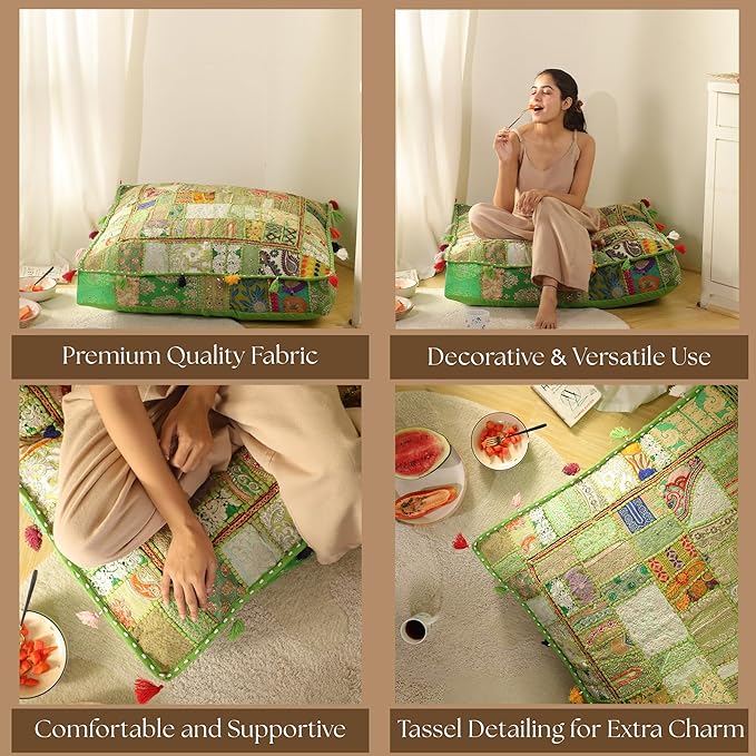 THE ART BOX Cotton Patchwork Vintage Boho Embroidered Floor Pillows & Cushion Cover Green Pouf Seating Pouf Meditation Pillow Pet Bedding Bed Boho Home Décor (35x35 Inches, Cover Only)