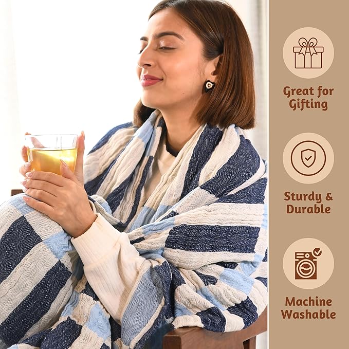Folkulture Throw Blanket for Couch 50" x 60" |100% Recycled Cotton, Lightweight Throw Blanket for Chair, Couch, Sofa, Bed | Guest Room Must Haves Boho Blanket | Winter Blue
