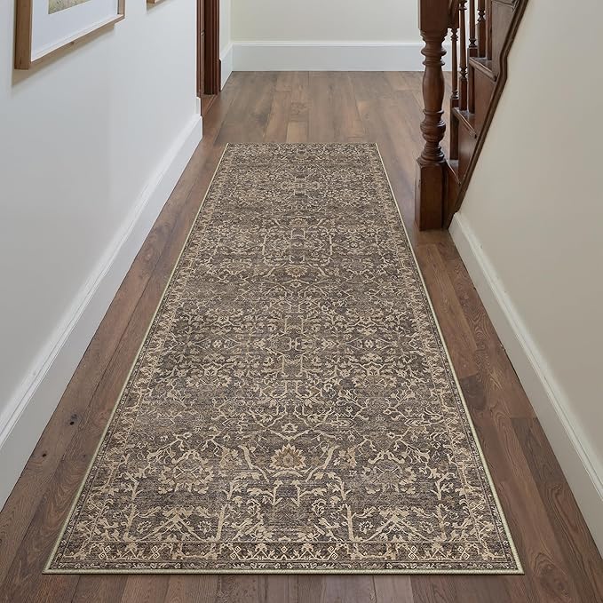 HUGEAR 2'6''x8 Runner Rug Machine Washable Retro Brown Hallway Area Rug Indoor Vintage Rugs Floral Low Pile Carpet Soft Throw Rugs Bedroom Living Room Office Dining Kitchen Laundry Non Slip