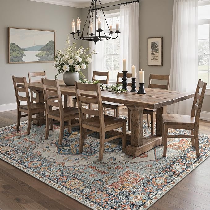 GENIMO 5x7 Area Rugs for Living Room, Machine Washable Non Slip Rugs, Low Pile Lightweight Print Rug for Bedroom, Dining Room, Home Office, Vintage Blue/Amber