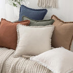 MIULEE Decorative Throw Pillow Covers Neutral Linen Fringe Throw Pillows Set of 2 Light Olive Green Boho Farmhouse Cushion Covers for Couch Sofa Bed Living Room Spring Home Decor 20x20 Inch