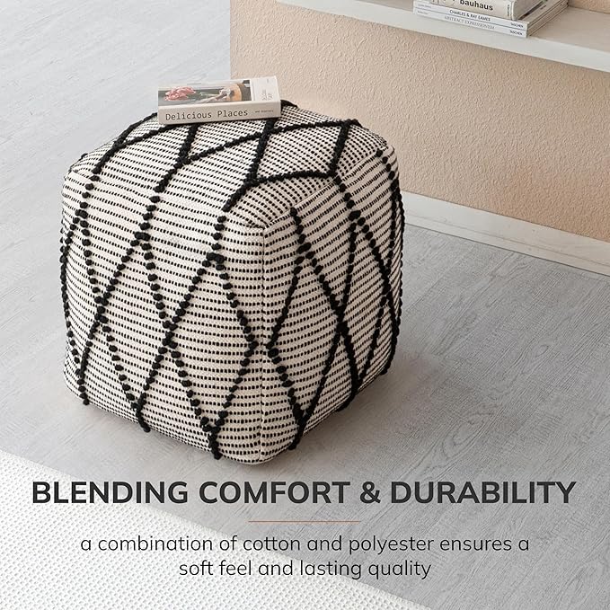 Anji Mountain Pouf Ottoman Foot Rest, Handmade Ottoman Pouf, Comfortable Foot Stool, Decorative Floor Seating for Living Room Decor, Bedroom & Home Décor Accent - Black/White