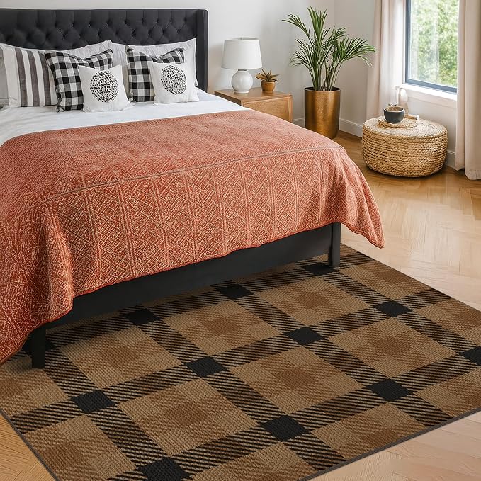 Brown Large Checkered Area Rug for Bedroom - 5x7 Easy Jute Dark Plaid Rug for Living Room, Large Entryway, Patio Outdoor Porch, Neutral Earthy & Coffee Rustic Décor