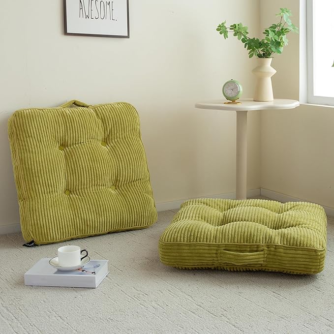 HIGOGOGO Floor Pillow Cushion for Adults, Meditation Cushion Pillow, Large Square Floor Sitting, Tufted Corduroy Cover, for Tatami Living Room or Yoga, 22x22 Inch, 2Pack, Green