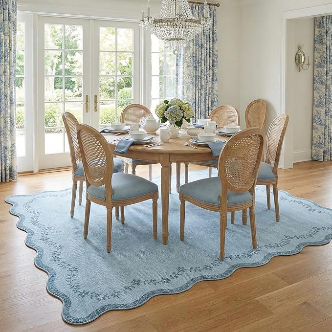 GarveeHome 4x6 Blue Scalloped Washable Area Rug for Girls Bedroom, Solid Floral Soft Nursery Rug Non Slip Low Pile Small Carpet Stain Resistant Throw Rug for Dorm Kids Room Office Dining