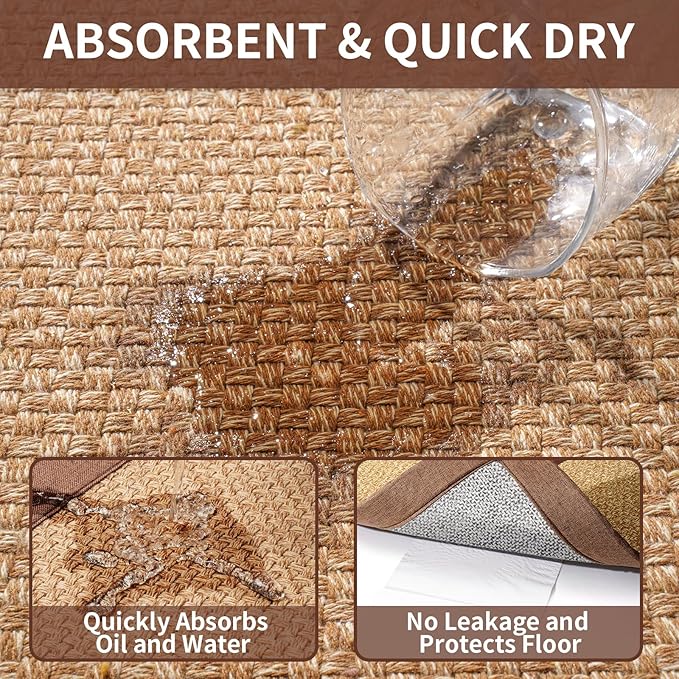 Kitchen Rugs Non Slip Washable, Super Absorbent Kitchen Mats for Floor, Rubber Backing Jute-Like Braid Kitchen Sink Mat Runner Rug Standing Floor Mat, Easy to Clean, Brown 17"x47"