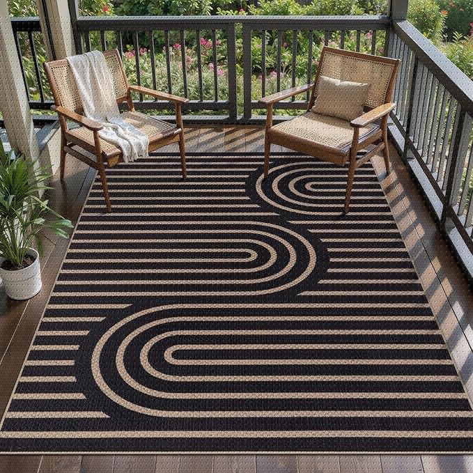 Tangsoo Easy Jute 4x6 Washable Rug for Outdoor Patio,Non-Slip Black Area Rug Thin Indoor Outdoor Carpet,Boho Farmhouse Throw Mat for Front Porch Bedroom Foyer