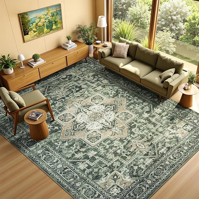 Lessymo Washable 8×10 Green Area Rugs for Living Room, Soft Vintage Boho Rug Non-Slip for Bedroom Dining Room Kitchen, Large Distressed Retro Carpet Stain Resistant for Home Indoor Nursery Office
