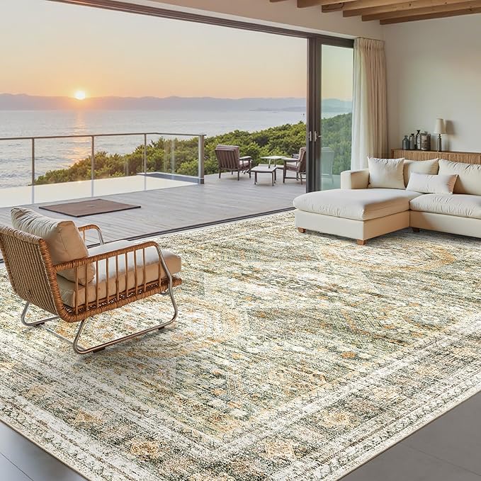 Washable Area Rug 8x10, Large Soft Rugs for Living Room Vintage 8x10 Area Rugs for Bedroom Dining Room Non-Slip Stain Resistant Under Table Green Orange Rug