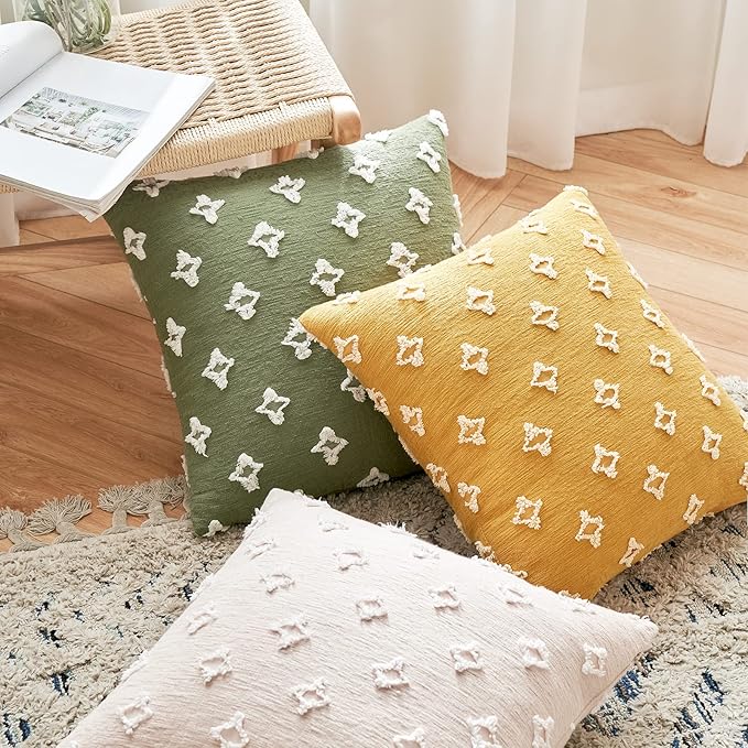 ANRODUO Pack of 2 Sage Green Floral Boho Decorative Throw Pillow Covers with Tufted Rhombic Jacquard for Room Decor Pillow Covers 18x18 Cute and Soft Pillowcase for Couch Sofa and Living Room Fall