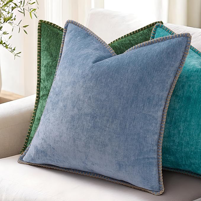 decorUhome Chenille Soft Cozy Throw Pillow Covers 22x22 Set of 2, Modern Farmhouse Boho Velvet Decorative Euro Sham Pillow Cases with Stitched Edge for Couch Sofa Bed Home Decor, Green