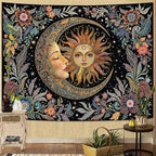 Fungarth Sun and Moon Tapestry Hippie Boho Floral Wall Tapestry for Bedroom Aesthetic Vintage Plant Celestial Spiritual Botanical Small Tapestries Wall Hanging for Living Room Dorm 48 x 36 Inch