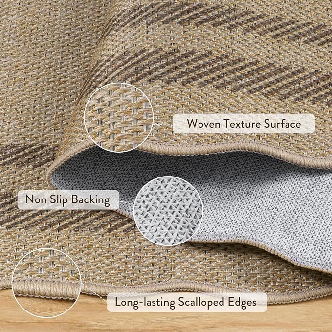 LIVEBOX Scalloped Washable 2x8 Kitchen Runner Rug, Easy Jute Geometric Tan Rugs for Hallway Runner Entryway, Indoor Outdoor Non Slip Rug Farmhouse Modern Carpet Door Mat for Porch Laundry Room