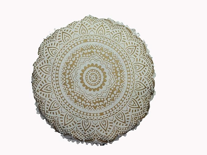 32" Gold Mandala Barmeri Large Floor Pillow Cover Cushion Meditation Seating Ottoman Throw Cover Hippie Decorative Zipped Bohemian Pouf Ottoman Poufs, Pom Pom Pillow Cases (White Gold, 32" Round)
