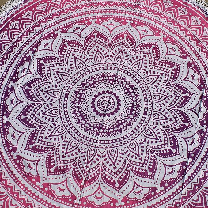 Round Beach Tapestry Turquoise Mandala Throw/Boho Hippie Beach Blanket Roundie/Indian Cotton Bohemian Large Round Table Cloth-Home Decor/Yoga Mat Meditation Picnic Rug (70", Pink and White)