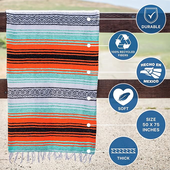 Benevolence LA Authentic Handwoven Mexican Blanket | Yoga Blankets, Outdoor, Picnic, Beach, Camping | Equestrian Saddle | Serape 50x70 inches - Bright Mandarin, Pack of 1