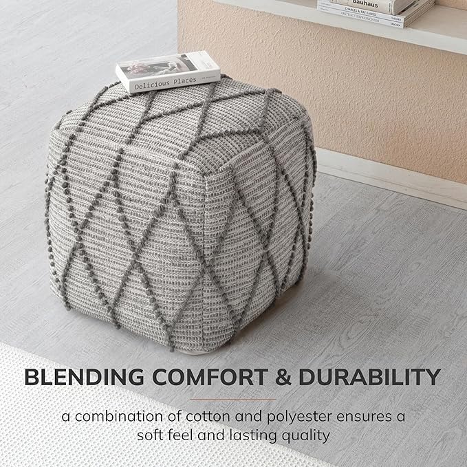 Anji Mountain Pouf Ottoman Foot Rest, Handmade Ottoman Pouf, Comfortable Foot Stool, Decorative Floor Seating for Living Room Decor, Bedroom & Home Décor Accent - Warm Gray