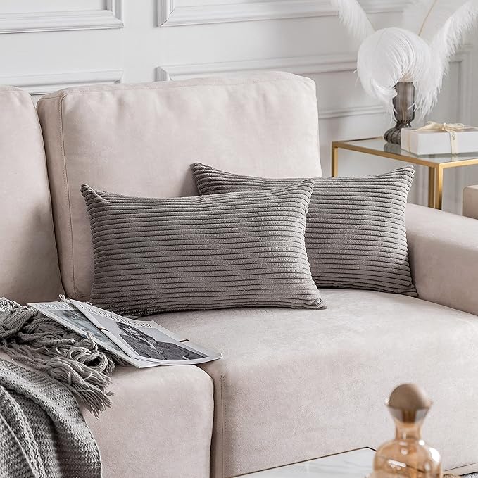 Home Brilliant Set of 2 Plush Velvet Corduroy Striped 12x20 Lumbar Pillow Covers Rectangular Throw Pillow Cover Pillow Case Cushion Cover, 12 x 20 inch, Ash Grey