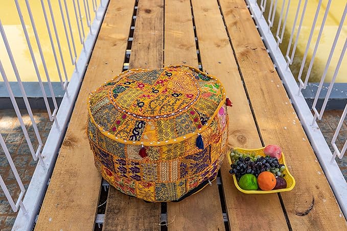 THE ART BOX Cotton Patchwork Vintage Pouf Covers (14x22 Inches, Cover Only) Boho Embroidered Bean Bag Seating Ottoman Kids Stool Decorative Chair Bohomian Home Décor