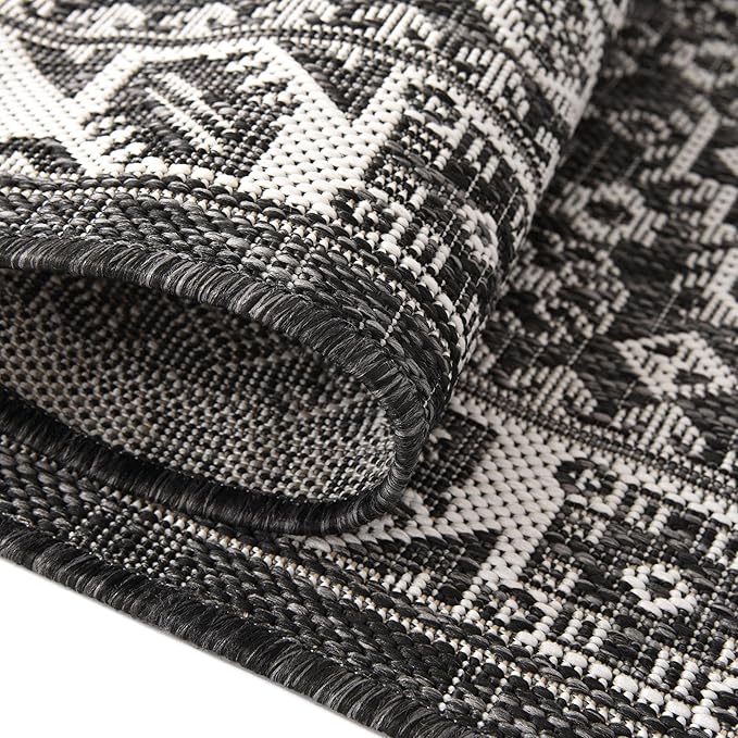 Rugs.com Outdoor Aztec Collection Rug – 8 Ft Runner Charcoal Gray Flatweave Rug Perfect for Hallways, Entryways