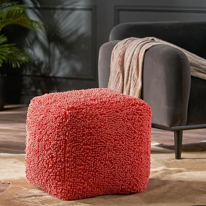 GDFStudio Modern Microfiber Chenille Cube Pouf Ottoman Foot Stool - Bean Bag Floor Chair - Foot Rest Couch for Living Room Bedroom,Coral,16"" x 16"" x 16"", Statha,coral, 314105N