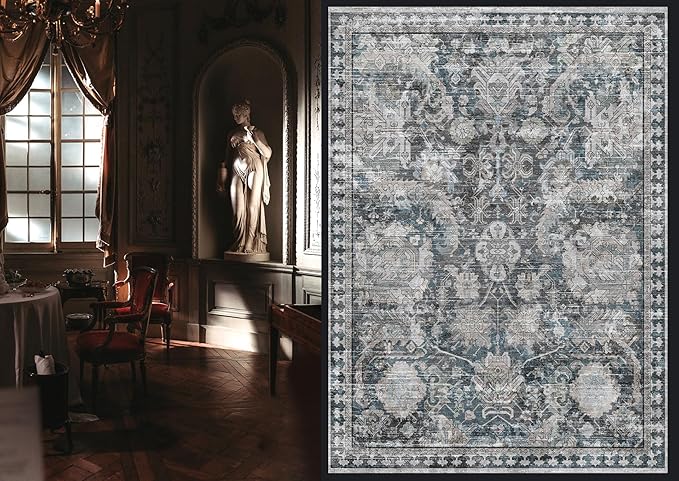 RUGSURE Washable Area Rugs - Perfect for Living Room, Bedroom, Kids Room, Nursery - Stain & Water Resistant Non-Slip, Pet & Child Friendly, Vintage Tribal Area Rugs (Grey and Blue, 4' x 6')