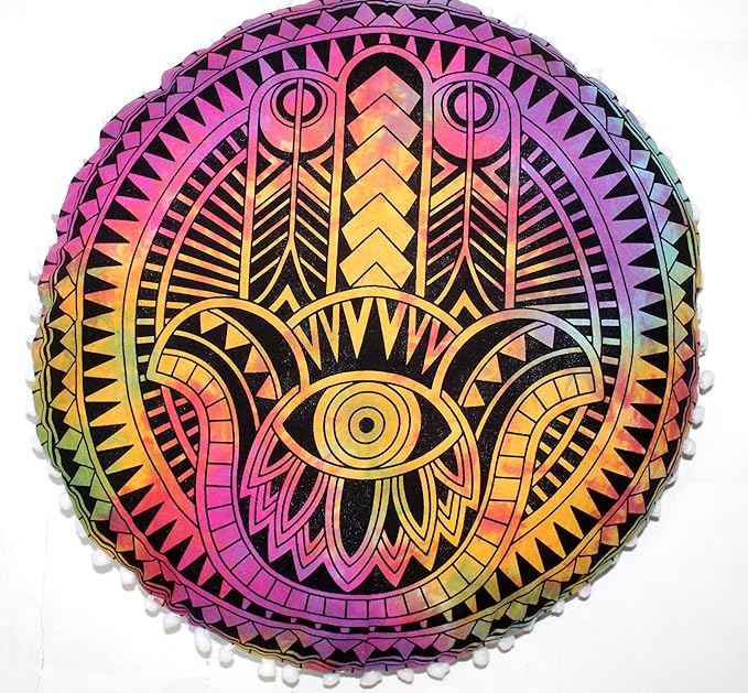 CRAFT KALA Large Round Bohemian Floor Pillow Pouf Cover Mandala Meditation Room Pillow Cover for Adults Boho Seating Poufs Cushion Cover for Kids Playroom Multi Hamsa 32" Round