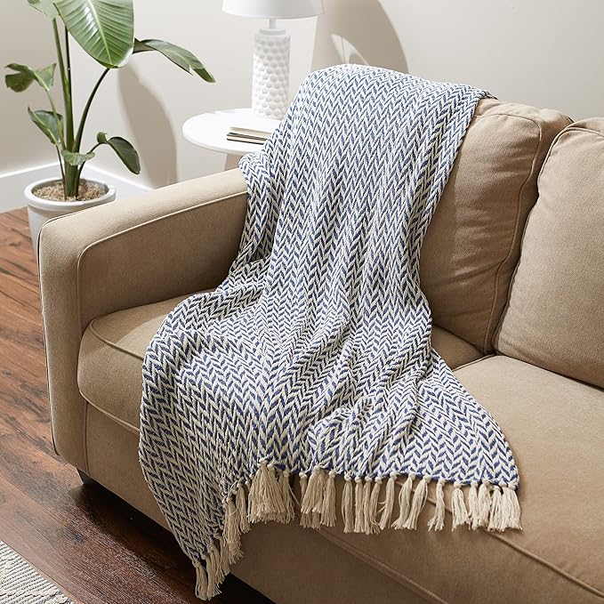 DII Modern Zig Zag Throw Blanket Woven Cotton, Hand-Knotted 2.5" Fringe, 50x60, French Blue