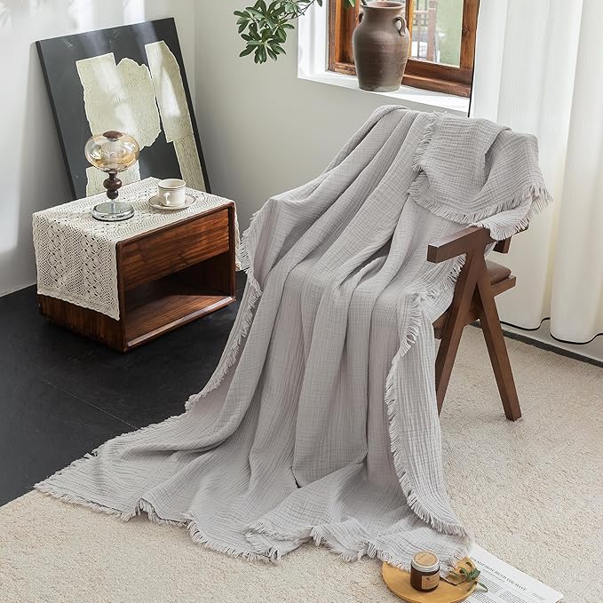 FOSSA Muslin Blanket with Fringe - 4-Layer 100% Cotton Gauze Super Soft & Breathable Throw -Lightweight Decorative Cooling Blanket for Bed, Sofa, Office -Throw XL Size 70" x 50" (Grayish)