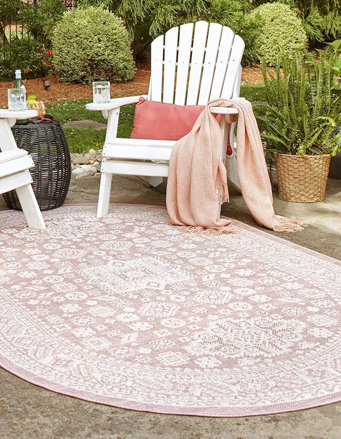 Rugs.com Outdoor Aztec Collection Rug – 3' x 5' Oval Pink Flatweave Rug Perfect for Living Rooms, Large Dining Rooms, Open Floorplans