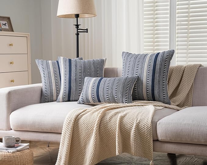 Boho Throw Pillow Covers 22x22 Inch Set of 2, Farmhouse Decorative Couch Pillow Cases, Navy Blue Accent Pillows of Bed, Sofa Bedroom Living Room Home Decor Cushion Cover