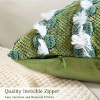 18x18 Boho Pillow Cover - Chenille Tufted Decorative Throw Pillow Cover Soft Velvet Backing, Farmhouse Striped Square Accent Pillow Case for Sofa, Couch, Bedroom, Living Room, Green White