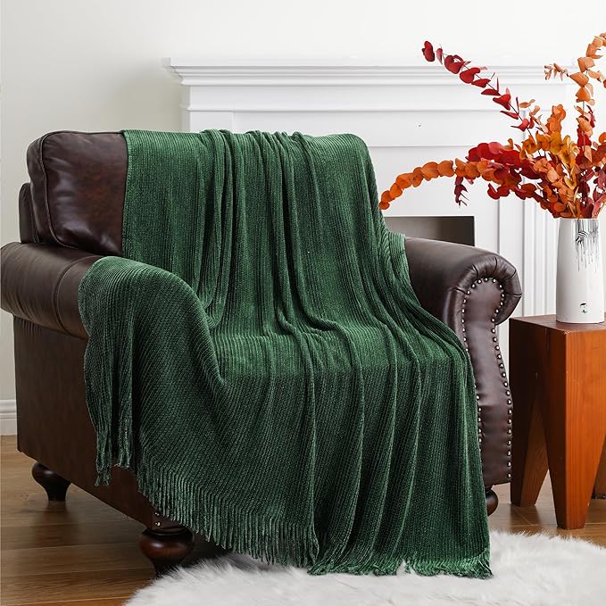 BATTILO HOME Dark Green Throw Blanket for Couch, Soft Chenille Knit Throws with Tassels for Home Decor, Spring Green Throws for Couch Cover, 50"x60"