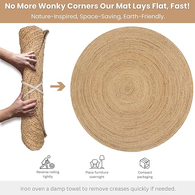 Ramanta Home Jute Braided Rug 6 Ft Round – Large Natural Farmhouse Area Rug, Handwoven Reversible Carpet for Living & Dinning Room, Bedroom, Kitchen, Nursery, Entryway – Boho Coastal Neutral Floor Mat