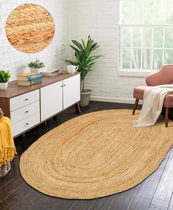 Hand Woven Jute Area Rug - 5' x 7' Feet - Rustic Beige Reversible Oval Rugs for Bedroom, Kitchen, Living Room - Vintage Natural Braided Entry Floor Décor Boho Oval Area Rugs 5x7 Feet