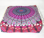 CRAFT KALA Pink Peacock Large Hippie Mandala Meditation Floor Ottoman Pillow Cushion Pouf Cover Square Poufs Bohemian Circle Floor Cushion Case Outdoor Fireplace Living Room Decor Cover 16" Square