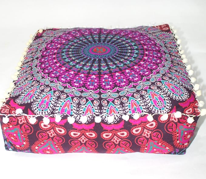 CRAFT KALA Pink Peacock Large Hippie Mandala Meditation Floor Ottoman Pillow Cushion Pouf Cover Square Poufs Bohemian Circle Floor Cushion Case Outdoor Fireplace Living Room Decor Cover 18" Square