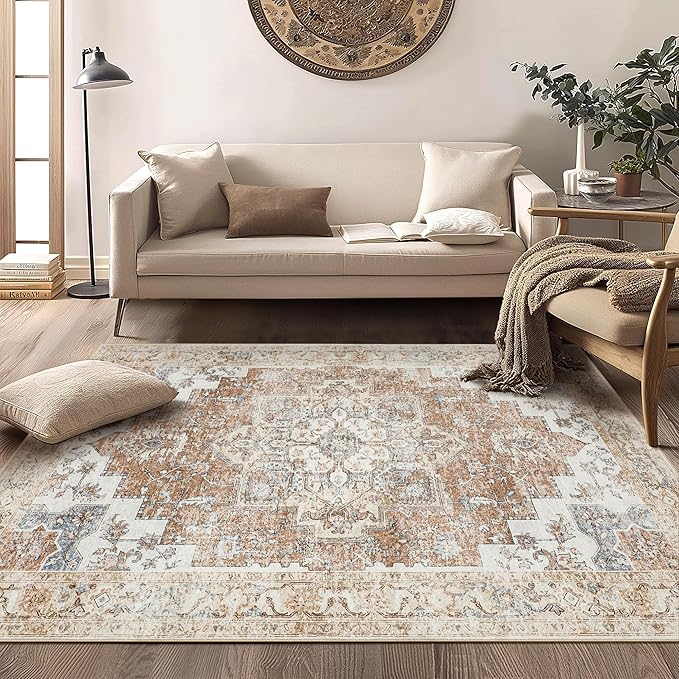 GENIMO 5x7 Area Rugs for Living Room, Machine Washable Non Slip Rugs, Low Pile Lightweight Vintage Print Rug for Bedroom, Dining Room, Home Office, Warm Orange