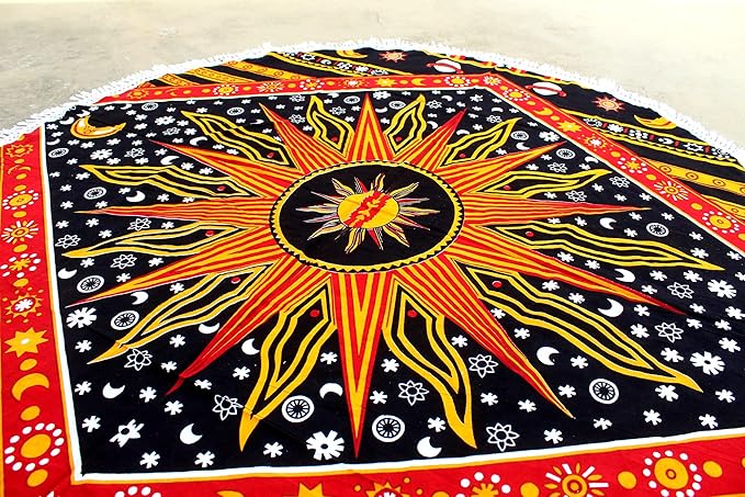 Round Beach Tapestry Turquoise Mandala Throw/Boho Hippie Beach Blanket Roundie/Indian Cotton Bohemian Large Round Table Cloth-Home Decor/Yoga Mat Meditation Picnic Rug (70", Yellow)