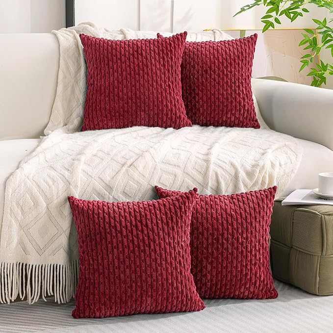 Set of 4 Burgundy Decorative Throw Pillow Covers 24x24 Inch Corduroy Pillow Covers for Bed Couch Sofa Living Room Soft Square Cushion Cases
