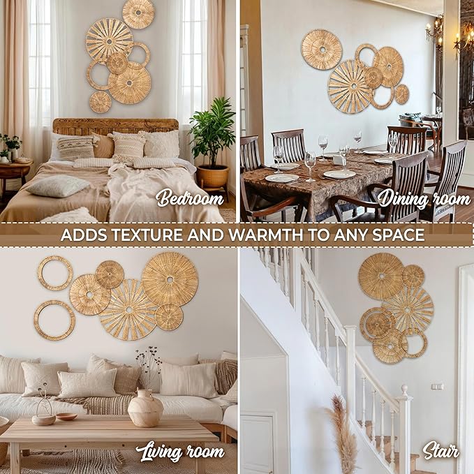 Xavia Handicrafts Set of 7 Boho Wicker Rattan Plate Basket For Décor Hanging Wall | Large Woven Farmhouse Rustic Bohemian Art Baket Hangings For Decorative Home, Bedroom, Living Room, Kitchen, Bathroom
