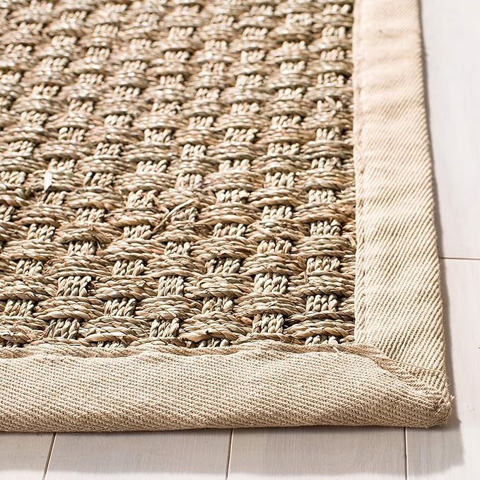 Safavieh Area Rug 12' Round - Natural Fiber Collection - Large - Natural & Beige, Seagrass, Basketweave Pattern with Border (NF114A)