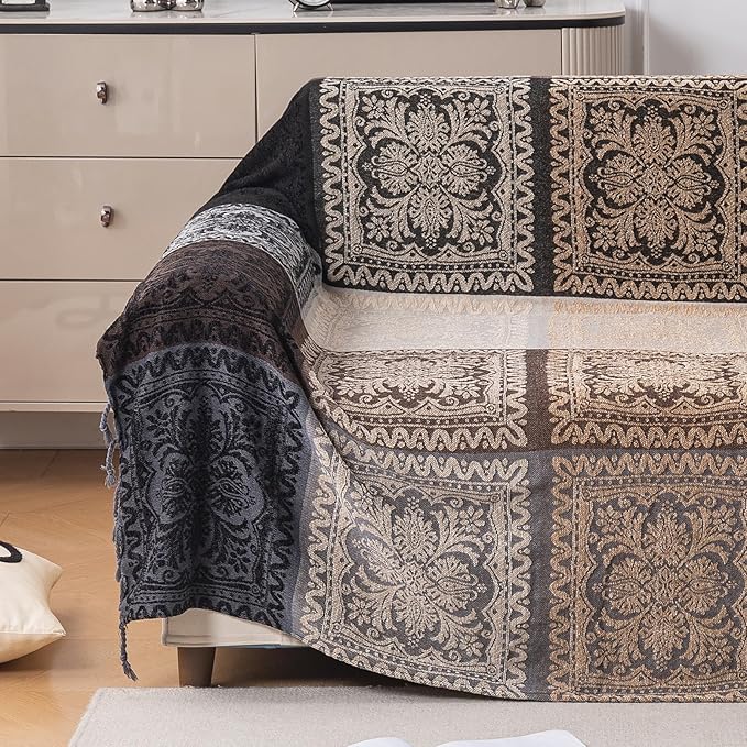 Boho Throw Blanket, Chenille Jacquard Tassels Throw Blankets for Bed Couch Soft Chair， Bohemian Fringe Tassels (Black, S:60x75)
