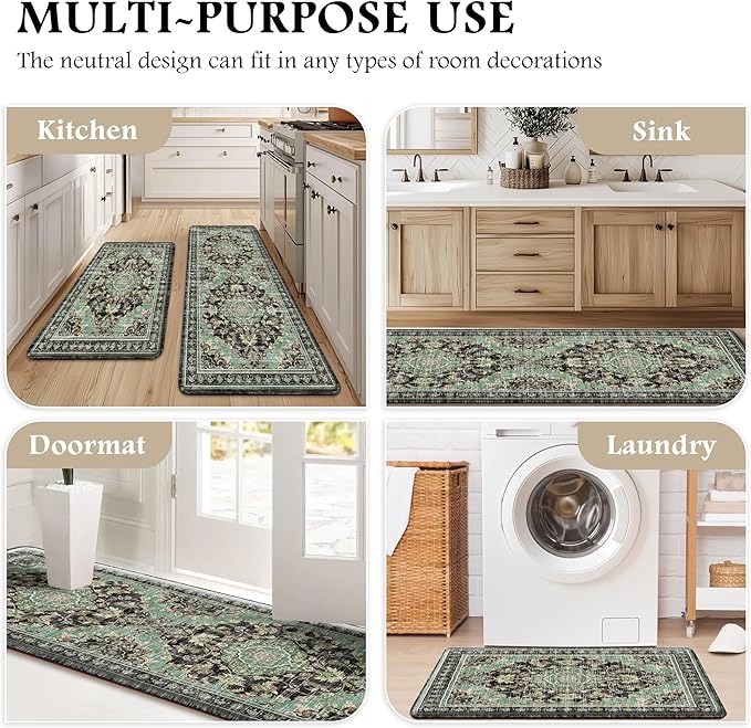 Boho Kitchen Mats for Floor 2 Piece Set Anti Fatigue Cushioned PVC Kitchen Rugs Non Slip Waterproof Farmhouse Mats 2/5 Inch Comfort Standing Mat for Sink, Laundry, 17.3"x47"+17.3"x28", Black Green