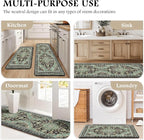 Boho Kitchen Mats for Floor 2 Piece Set Anti Fatigue Cushioned PVC Kitchen Rugs Non Slip Waterproof Farmhouse Mats 2/5 Inch Comfort Standing Mat for Sink, Laundry, 17.3"x47"+17.3"x28", Black Green