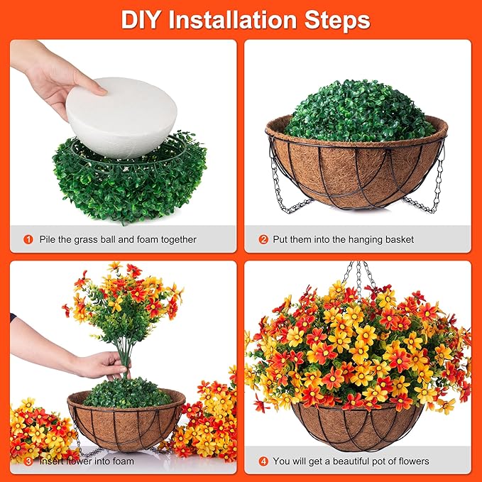 Artificial Flowers with Hanging Planter for Outdoor Decor, Faux Silk Daisy UV Resistant Plants in Basket for Indoor Porch Garden Yard Spring Summer Decor(Orange)