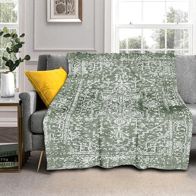 Sage Green Boho Blanket Soft Flannel Lightweight Retro Bohemian Throw Blanket Cozy Warm Vintage Aztec Geometric Blankets All Seasons Living Room Decor for Couch Chair Bed Sofa Office 40x50 inch