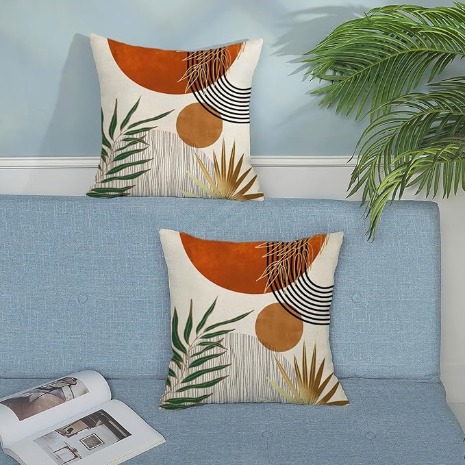 Boho Pillow Covers 18x18 Set of 2 Green Gold Orange Throw Pillows Tropical Leaves Sunset Decor Modern Mid Century Pillowcase Outdoor Decorations Bohemian Linen Cushion Case for Couch Sofa Bed